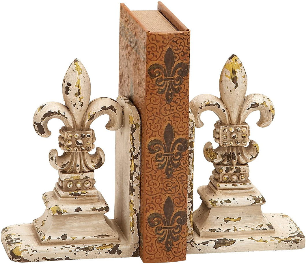 Distressed White Fleur de Lis Bookends, Pair: 5.5