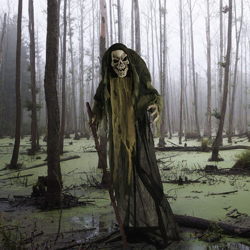 Haunted Hill Farm HHSKEL-2FLS Life-Size Animated Talking Skeleton Prop w/Moving Mouth, Battery-Operated Indoor/Outdoor Halloween Decoration, Color 1