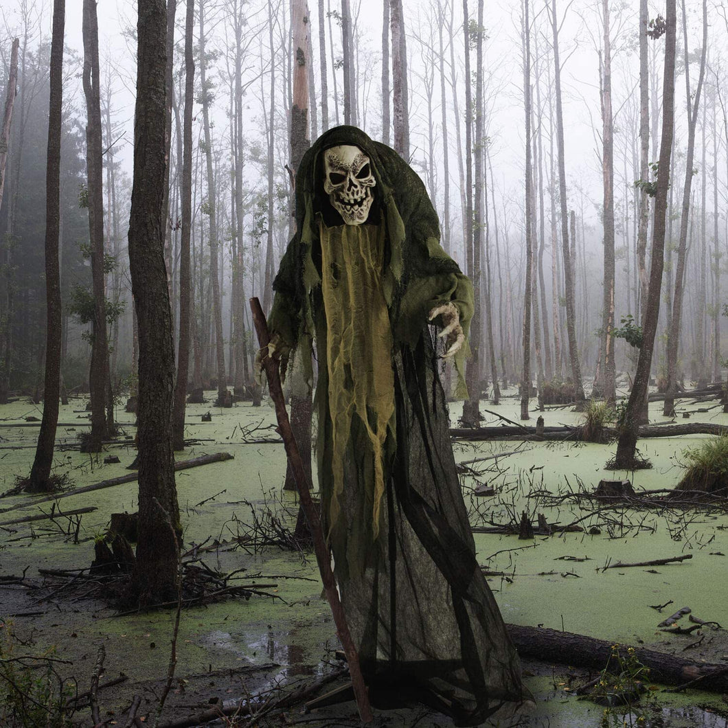 Haunted Hill Farm HHSKEL-2FLS Life-Size Animated Talking Skeleton Prop w/Moving Mouth, Battery-Operated Indoor/Outdoor Halloween Decoration, Color 1