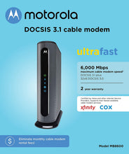 Load image into Gallery viewer, Motorola MB8600 DOCSIS 3.1 Cable Modem, 6 Gbps Max Speed. Approved for Comcast Xfinity Gigabit, Cox Gigablast, and More, Black