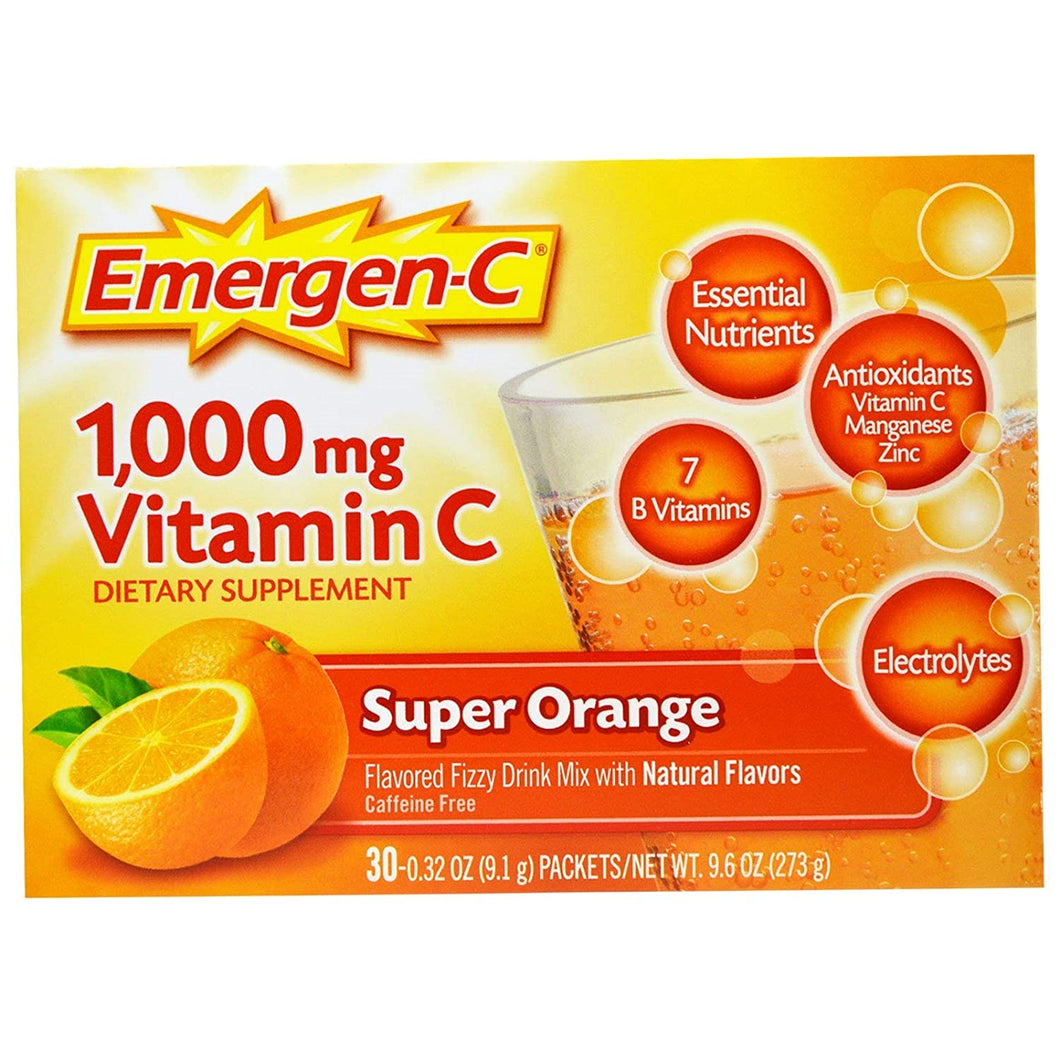 Emergen-C (30 Count, Super Orange Flavor, 1 Month Supply) Dietary Supplement Fizzy Drink Mix with 1000mg Vitamin C, 0.32 Ounce Packets, Caffeine Free