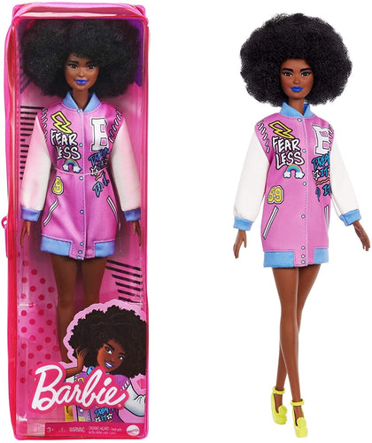 Barbie Fashionistas Doll #156 with Curly Brunette Hair and Letterman Jacket, Toy for Kids 3 to 8 Years Old