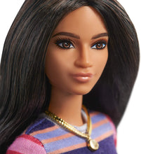 Load image into Gallery viewer, Barbie Fashionistas Doll #147 with Long Brunette Hair Wearing Striped Dress, Orange Shoes &amp; Necklace, Toy for Kids 3 to 8 Years Old