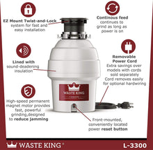 Load image into Gallery viewer, Waste King L-3300 Garbage Disposal with Power Cord, 3/4 HP