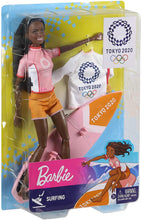 Load image into Gallery viewer, Barbie Olympic Games Tokyo 2020 Surfer Doll with Surf Uniform, Tokyo 2020 Jacket, Medal, Tokyo 2020 Surfboard with Fins for Ages 3 and Up