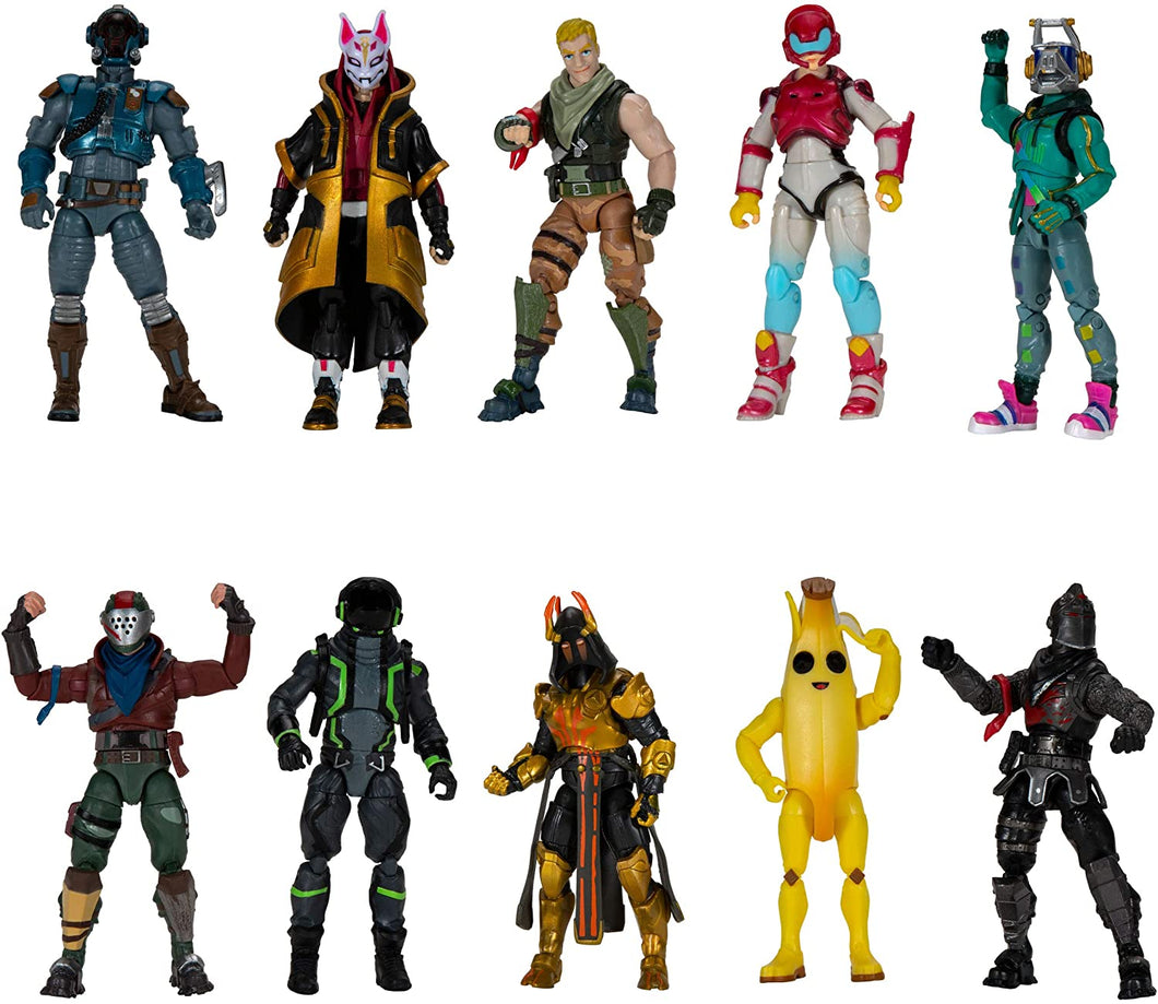 Fortnite The Chapter 1 Collection - Ten 4” Action Figures, Featuring Recruit (Jonesy), Black Knight, Rust Lord, The Visitor, Drift, DJ Yonder, Ice King (Gold), Peely, Rox, Eternal Voyager
