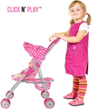 Load image into Gallery viewer, Pink &amp; White Polka Dots Foldable Doll Stroller With Hood