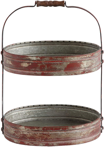 Creative Co-Op Red Metal Oval 2 Tier Tray with Handle