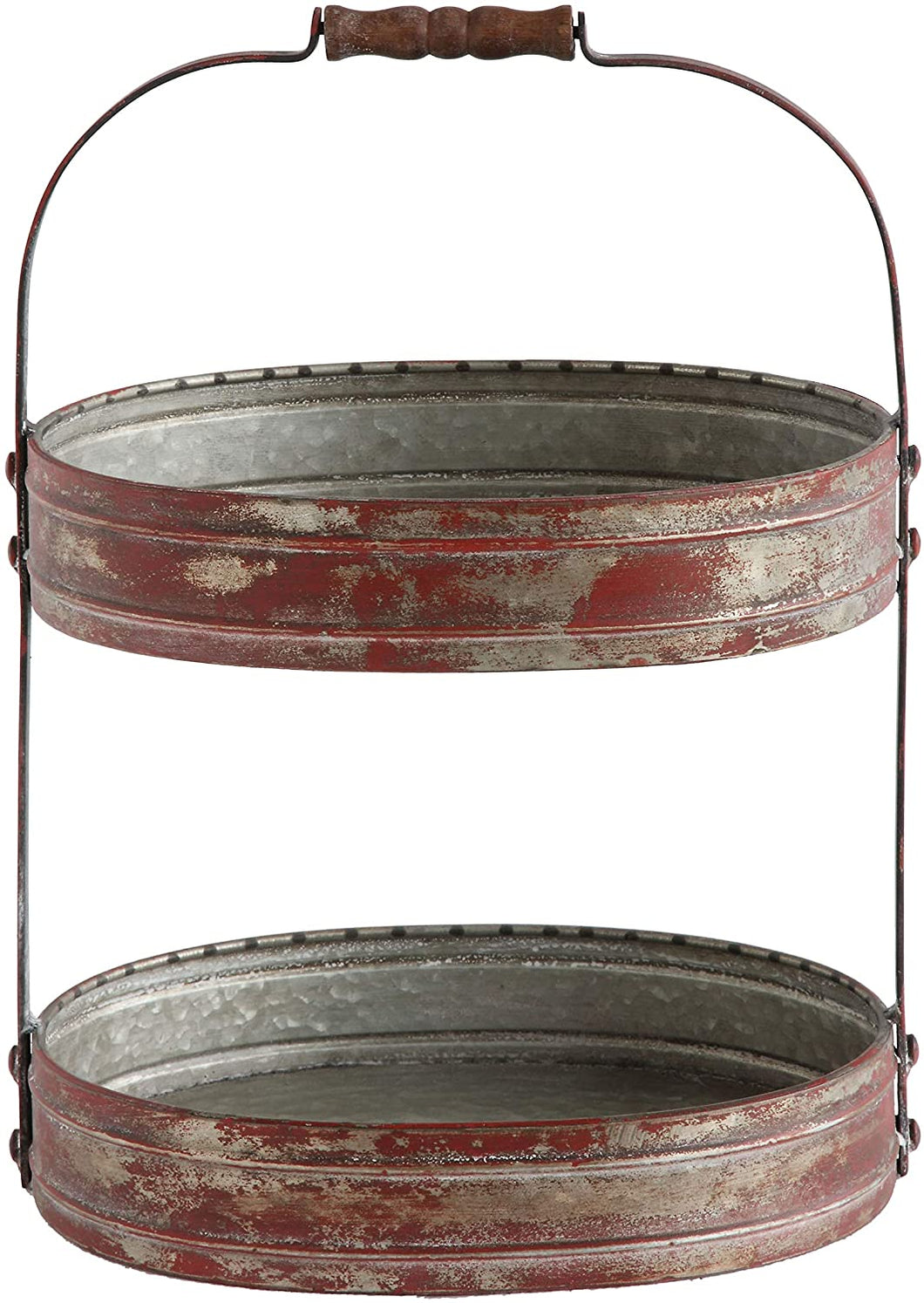 Creative Co-Op Red Metal Oval 2 Tier Tray with Handle