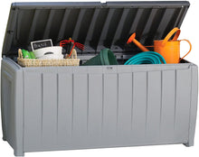 Load image into Gallery viewer, Keter Novel 90 Gallon Resin Deck Box-Organization and Storage for Patio Furniture Outdoor Cushions, Throw Pillows, Garden Tools and Pool Toys, Grey/Black