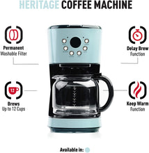 Load image into Gallery viewer, Haden 75032 Heritage Innovative 12 Cup Capacity Programmable Vintage Retro Home Countertop Coffee Maker Machine with Glass Carafe, Turquoise Blue