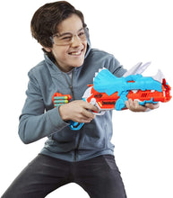 Load image into Gallery viewer, NERF DinoSquad Tricera-Blast Dart Blaster, Break-Open 3-Dart Loading, 12 Official Darts, Dart Storage, Triceratops Dinosaur Design