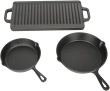 Load image into Gallery viewer, OZARK Trail 3 Piece Cast Iron Skillet Set with Griddle Made of Durable cast Iron That Will Last for Generations