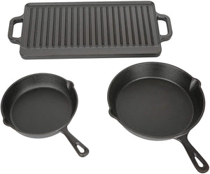 OZARK Trail 3 Piece Cast Iron Skillet Set with Griddle Made of Durable cast Iron That Will Last for Generations