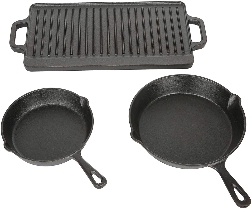 OZARK Trail 3 Piece Cast Iron Skillet Set with Griddle Made of Durable cast Iron That Will Last for Generations
