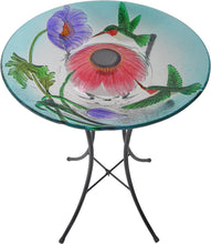 Load image into Gallery viewer, Peaktop 3200670 Outdoor Hand-Painted Hummingbird Fusion Glass Solar Birdbath Bowl Feeder with LED Light and Metal Legs for Patio Garden Backyard, 18-Inch, Blue and Pink