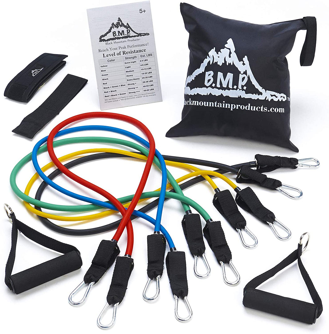 Black Mountain Products Resistance Band Set with Door Anchor, Ankle Strap, Exercise Chart, and Carrying Case