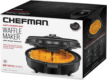 Load image into Gallery viewer, Chefman Anti-Overflow Belgian Waffle Maker w/Shade Selector, Temperature Control Mess Free Moat, Round Iron w/Nonstick Plates &amp; Cool Touch Handle, Measuring Cup Included