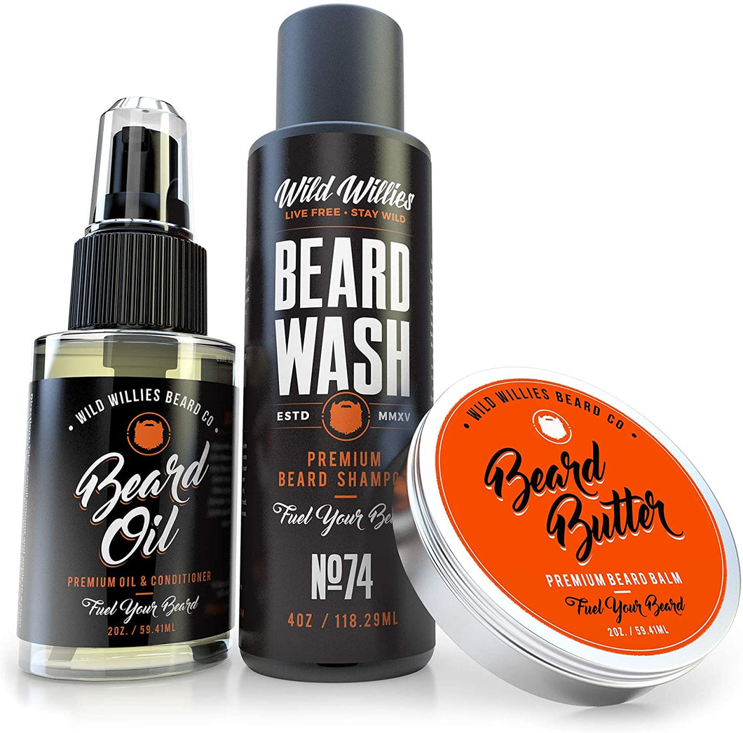 Essential Beard Grooming Kit for Men – USA Made Gift Set Soothes Irritated, Dry Skin, Reduces Acne & Grows Your Beard Faster – Beard Oil, Balm Conditioner & Shampoo Wash
