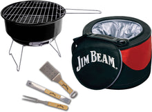 Load image into Gallery viewer, Jim Beam 5 Piece Parawood and Stainless Steel BBQ set with insulated cooler, sporting an exterior storage pocket and adjustable shoulder strap for easy portability