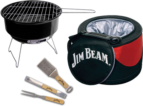 Jim Beam 5 Piece Parawood and Stainless Steel BBQ set with insulated cooler, sporting an exterior storage pocket and adjustable shoulder strap for easy portability