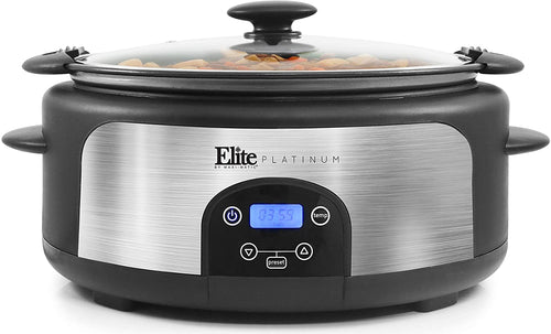 Elite Gourmet Glas Slow Cooker with Adjustable Temp, Entrees, Sauces, Stews & Dips, Dishwasher Safe Glass Lid & Crock, 6 Quart, Stainless Steel