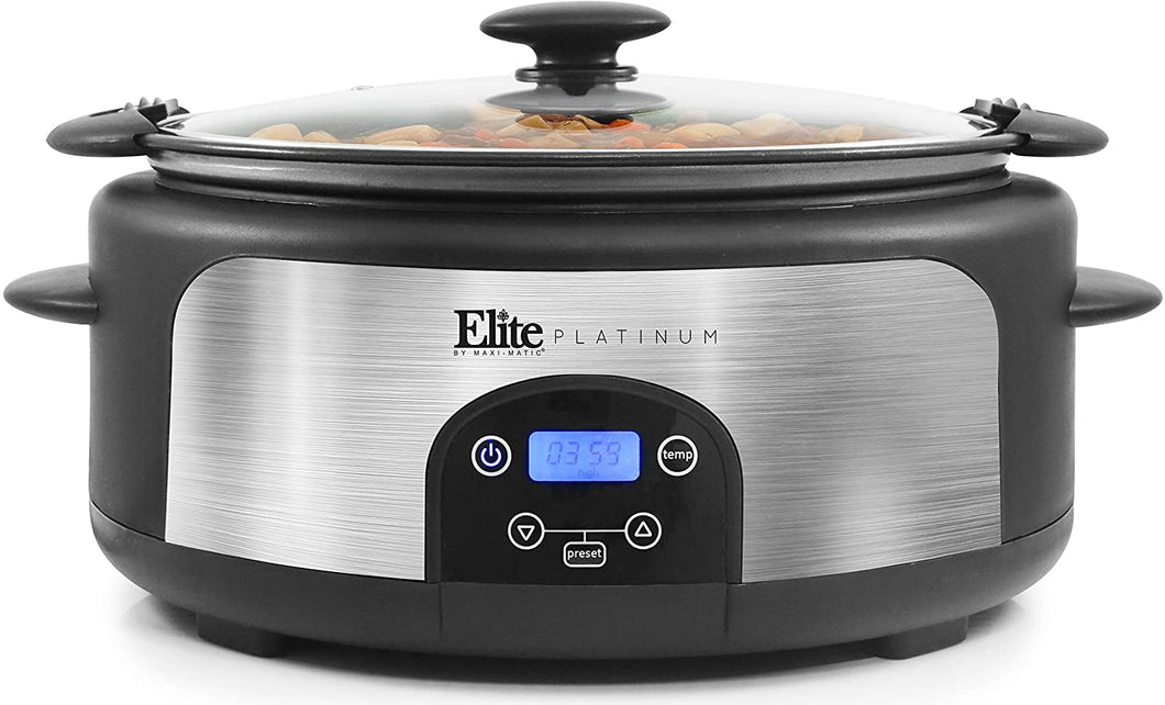 Elite Gourmet Glas Slow Cooker with Adjustable Temp, Entrees, Sauces, Stews & Dips, Dishwasher Safe Glass Lid & Crock, 6 Quart, Stainless Steel