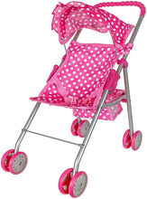 Load image into Gallery viewer, Pink &amp; White Polka Dots Foldable Doll Stroller With Hood