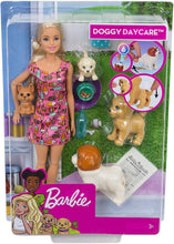 Load image into Gallery viewer, Barbie Doggy Daycare Doll, Blonde, and Pets Playset with 4 Dogs, Including One Puppy that Poops and One that Pees, Plus Color-Change Paper and More, Gift for 3 to 7 Year Olds