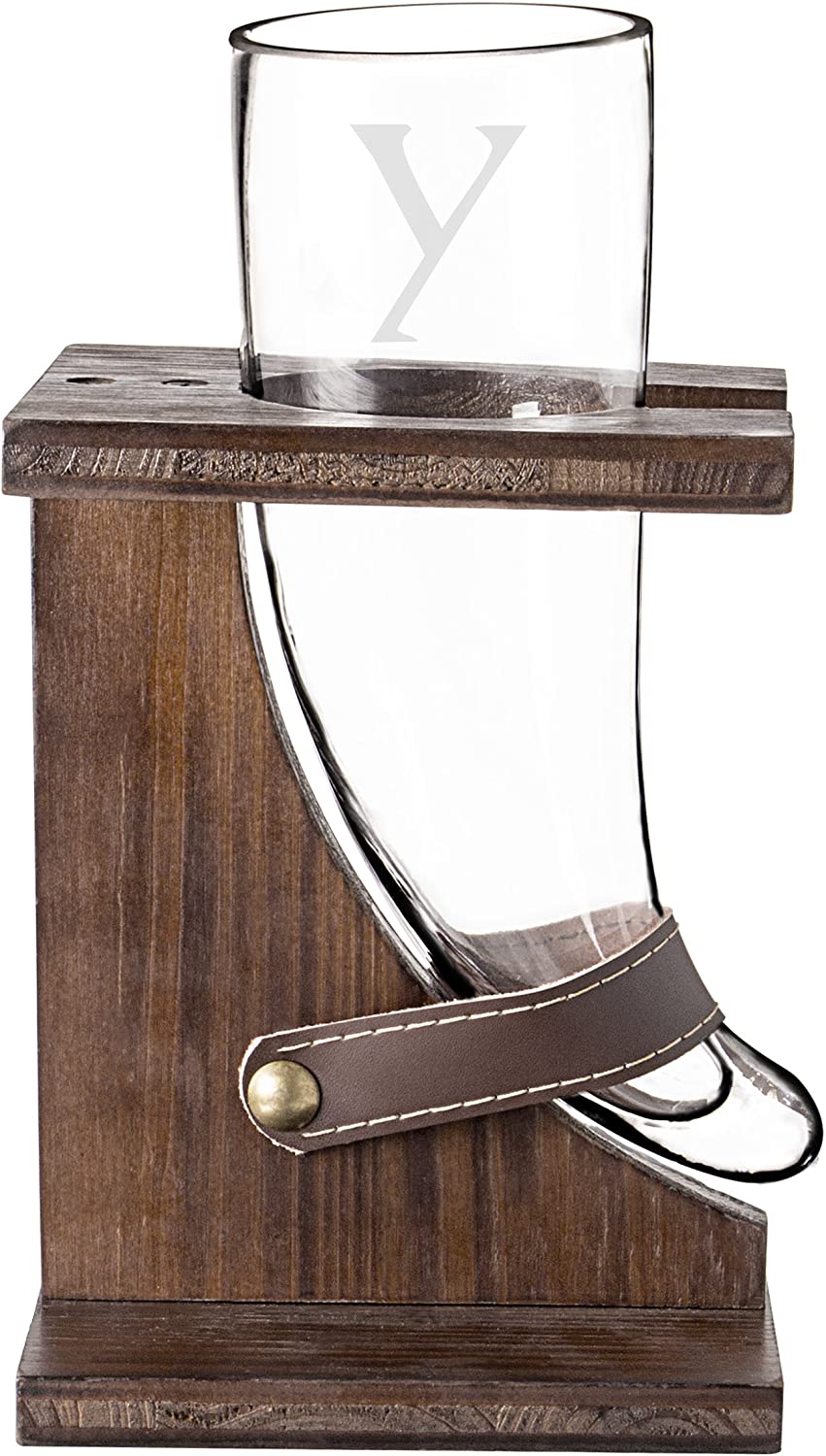 Cathy's Concepts Personalized Glass Viking Beer Horn with Rustic Stand, Clear