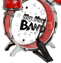 Load image into Gallery viewer, Toy Drum Set for Kids, 7 Piece Set with Bass Drum with Foot Pedal, Tom Drums, Cymbal, Stool and Drumsticks for Toddlers, Boys and Girls by Hey! Play!
