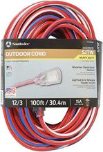 Load image into Gallery viewer, Southwire 2549SWUSA1 100-Feet, Contractor Grade, 12/3 Extension Cord, With Lighted End; Red White And Blue, American Made Extension Cord, Indoor and Outdoor Use, Water Resistant Flexible Jacket