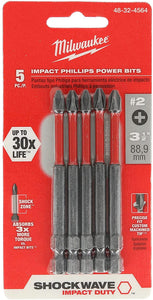 MILWAUKEE ELECTRIC TOOL 48-32-4564 Shockwave 3-1/2" Power Bit Phillips #2 5 Pack