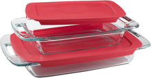 Load image into Gallery viewer, Pyrex Easy Grab 4-Piece Value Pack, includes 1-ea 3-qt Oblong, 2-qtOblong, Red Plastic Covers