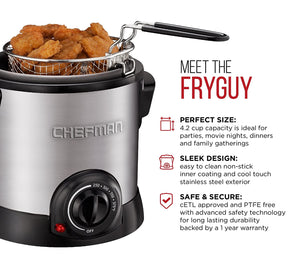 Chefman Fry Guy Deep Fryer with Removable Basket, Easy-to-Clean Non-Stick Coating and Cool-to-Touch Exterior, Adjustable Temperature Control, 4.2 Cup/ 1 Liter Capacity, Stainless Steel