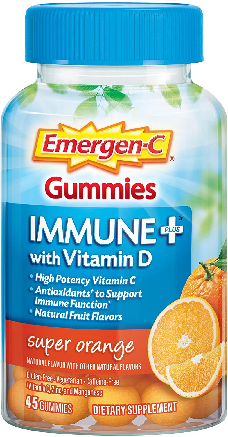 Emergen-C Immune+ Immune Gummies, Vitamin D plus 750 mg Vitamin C, Immune Support Dietary Supplement, Caffeine Free, Gluten Free, Super Orange Flavor - 45 Count
