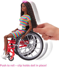 Load image into Gallery viewer, Barbie Fashionistas Doll #166, with Wheelchair &amp; Crimped Brunette Hair Wearing Rainbow-Striped Dress, White Sneakers, Sunglasses &amp; Fanny Pack, Toy for Kids 3 to 8 Years Old