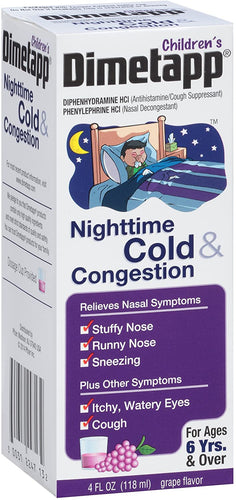 Children’s Dimetapp Nighttime Cold & Congestion (4 fl. oz. Grape Flavor), Nasal Decongestant & Antihistamine/Cough Suppressant, Ages 6+