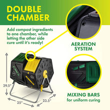 Load image into Gallery viewer, Miracle-Gro Dual Chamber Compost Tumbler – Outdoor Compost Bin, 2 Sliding Doors, (2 X 18.5 Gallon / 70 Liter)