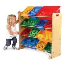 Load image into Gallery viewer, Tot Tutors Kids' Toy Storage Organizer with 12 Plastic Bins, Natural/Primary (Primary Collection)