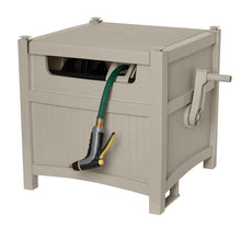 Load image into Gallery viewer, Suncast Resin Outdoor Hose Hideaway with Hose Guide - Durable Hose Storage Reel with Crank Handle and Slide Trak Hose Guide - 225' Hose Capacity - Taupe