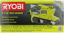 Load image into Gallery viewer, Ryobi BE319 6 Amp Portable 320 Feet / Minute Corded Belt Sander (3” x 18”) w/ Onboard Removable Dust Bag (Medium Grit Sanding Belt Included)