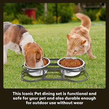 Load image into Gallery viewer, Iconic Pet Dog or Cat Stainless Steel Double Diner Elevated Bowl Set with Heavy Duty Bone Shaped Rim