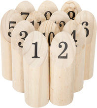Load image into Gallery viewer, Hey! Play! Wooden Throwing Game-Complete Set, 12 Numbered Pins, Throwing Dowel, Carrying Crate-Outdoor Lawn Games For Adults and Kids