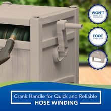Load image into Gallery viewer, Suncast Resin Outdoor Hideaway 100 ft Durable Storage Reel with Crank Handle and Lid 100' Hose Capacity, Taupe