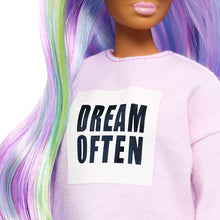 Load image into Gallery viewer, Barbie Fashionistas Doll with Long Rainbow Hair Wearing Sweatshirt Dress and Accessories, for 3 to 8 Year Olds