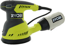 Load image into Gallery viewer, Ryobi RS290G 2.6 Amp 12,500 OPM Single Speed 5 Inch Hook and Loop Corded Random Orbit Sander w/ 3 Pads and Dust Bag