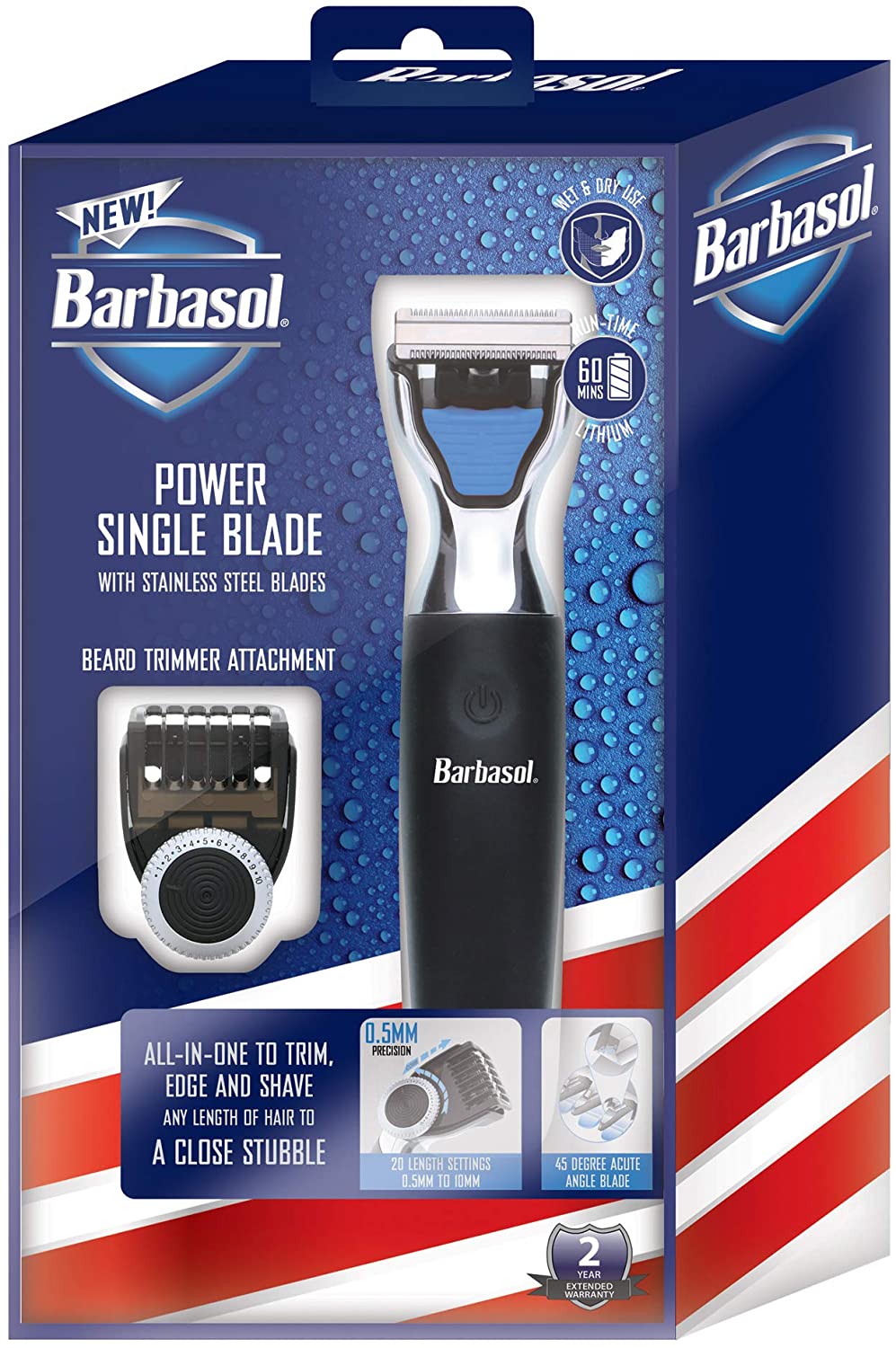 Barbasol Rechargeable Electric Wet and Dry Single Blade Shaver with Stainless Steel Blades and Adjustable Beard Trimmer Attachment