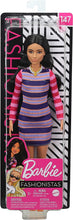 Load image into Gallery viewer, Barbie Fashionistas Doll with Long Brunette Hair Wearing Striped Dress, Orange Shoes &amp; Necklace, Toy for Kids 3 to 8 Years Old