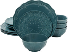 Load image into Gallery viewer, The Pioneer Woman Farmhouse Lace Dinnerware Set, 12-Piece, Ocean Teal